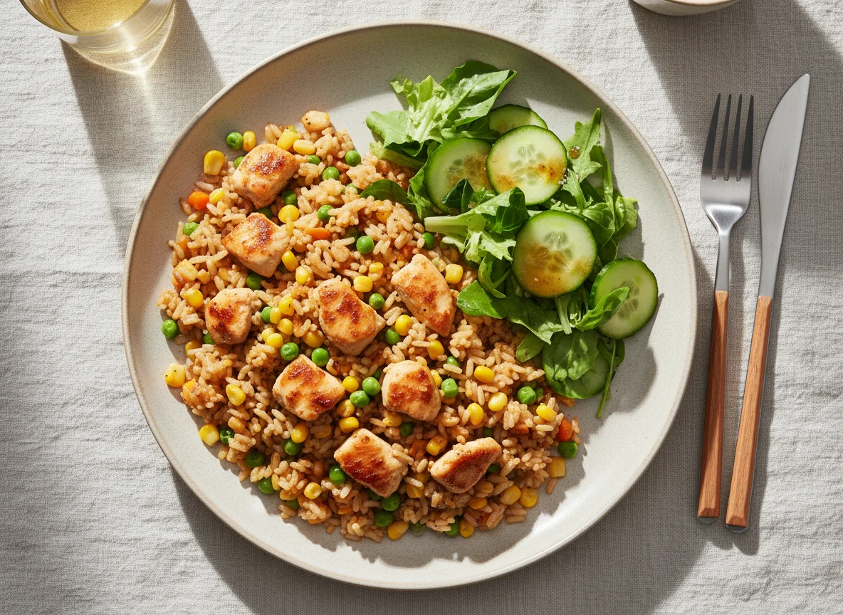 Gebratener Reis mit Huhn und Beilagensalat photo