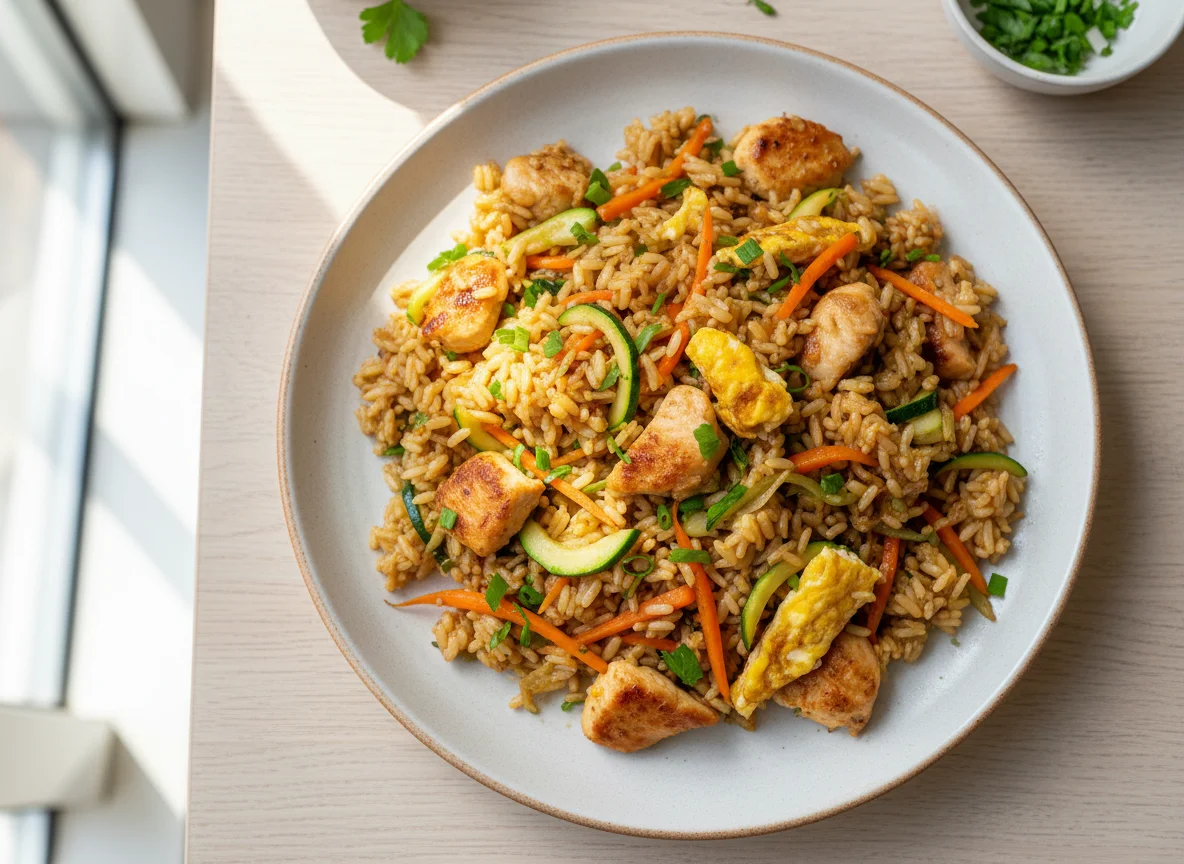 Gebratener Reis mit Huhn und Ei photo