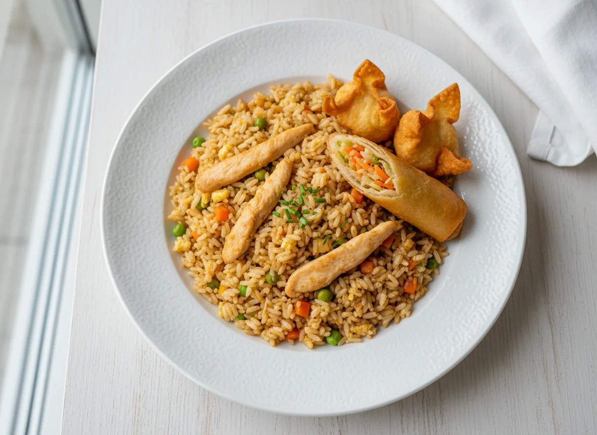 Gebratener Reis mit Huhn und Frühlingsrolle photo