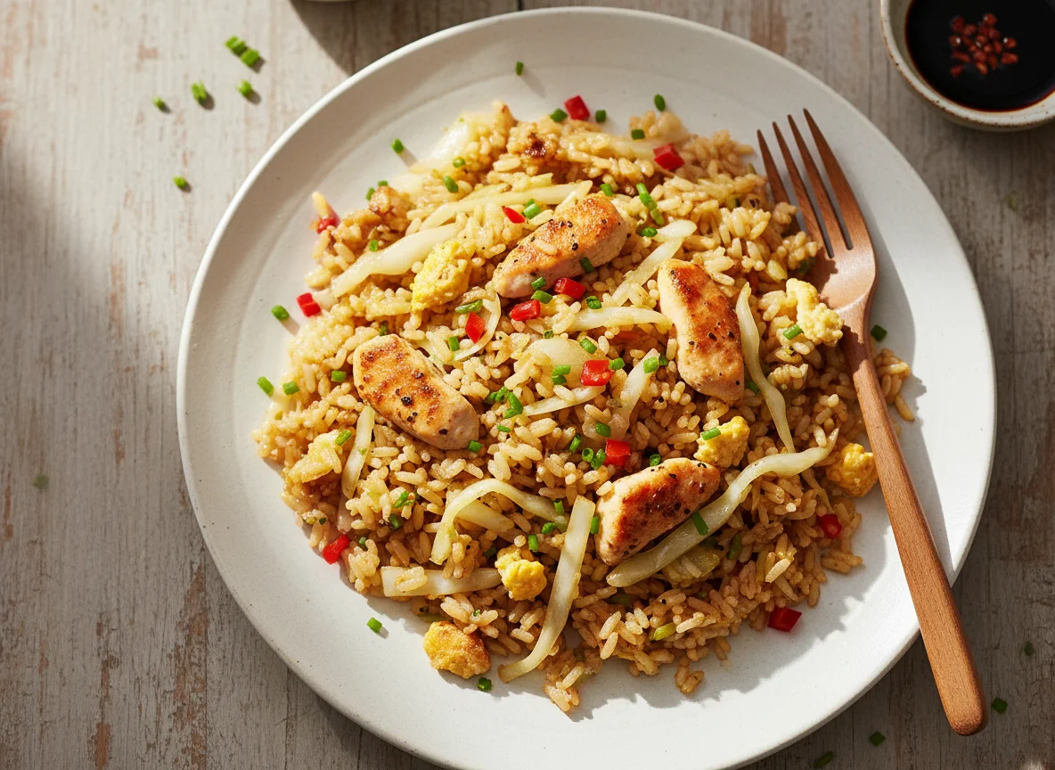 Gebratener Reis mit Huhn und Kohl photo