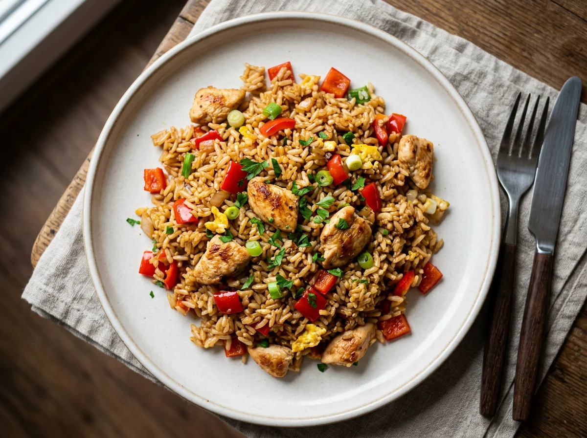 Gebratener Reis mit Huhn und Paprika photo