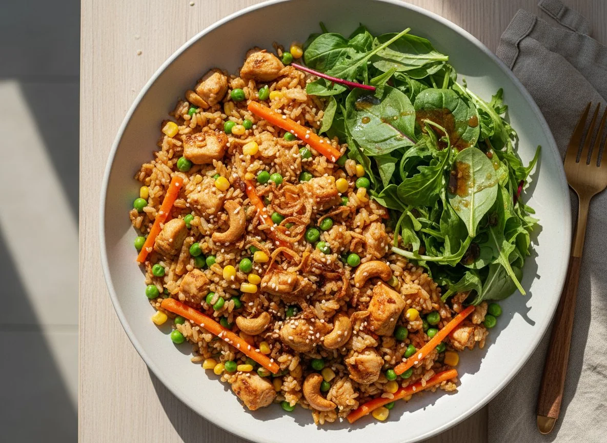 Gebratener Reis mit Huhn und Salat photo