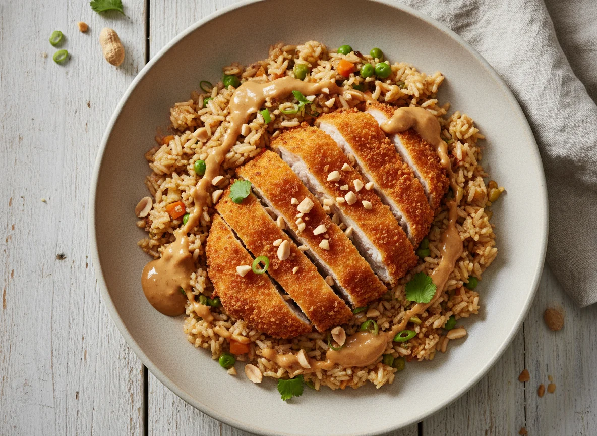 Gebratener Reis mit knusprigem Hähnchen und Erdnusssauce photo