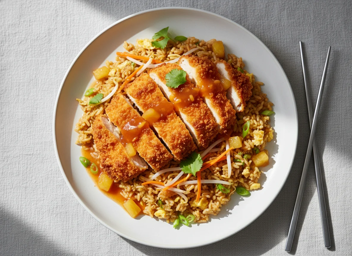 Gebratener Reis mit knusprigem Hähnchen und Süß-Sauer-Sauce photo