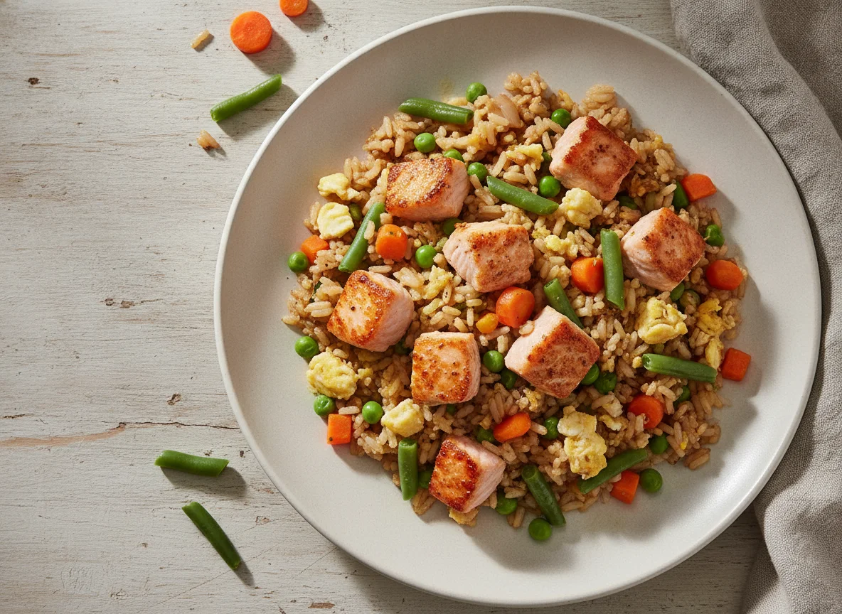 Gebratener Reis mit Lachs und Gemüse photo