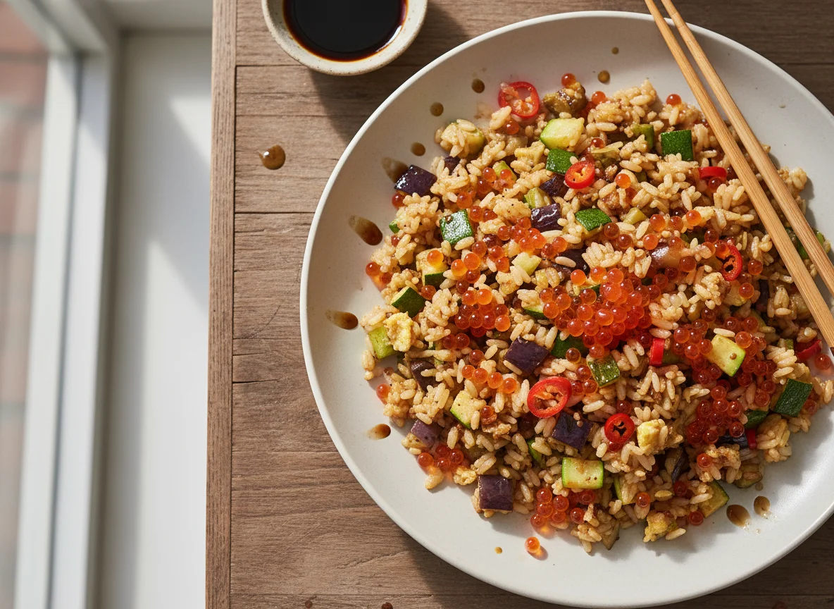 Gebratener Reis mit Lachsrogen und Gemüse photo