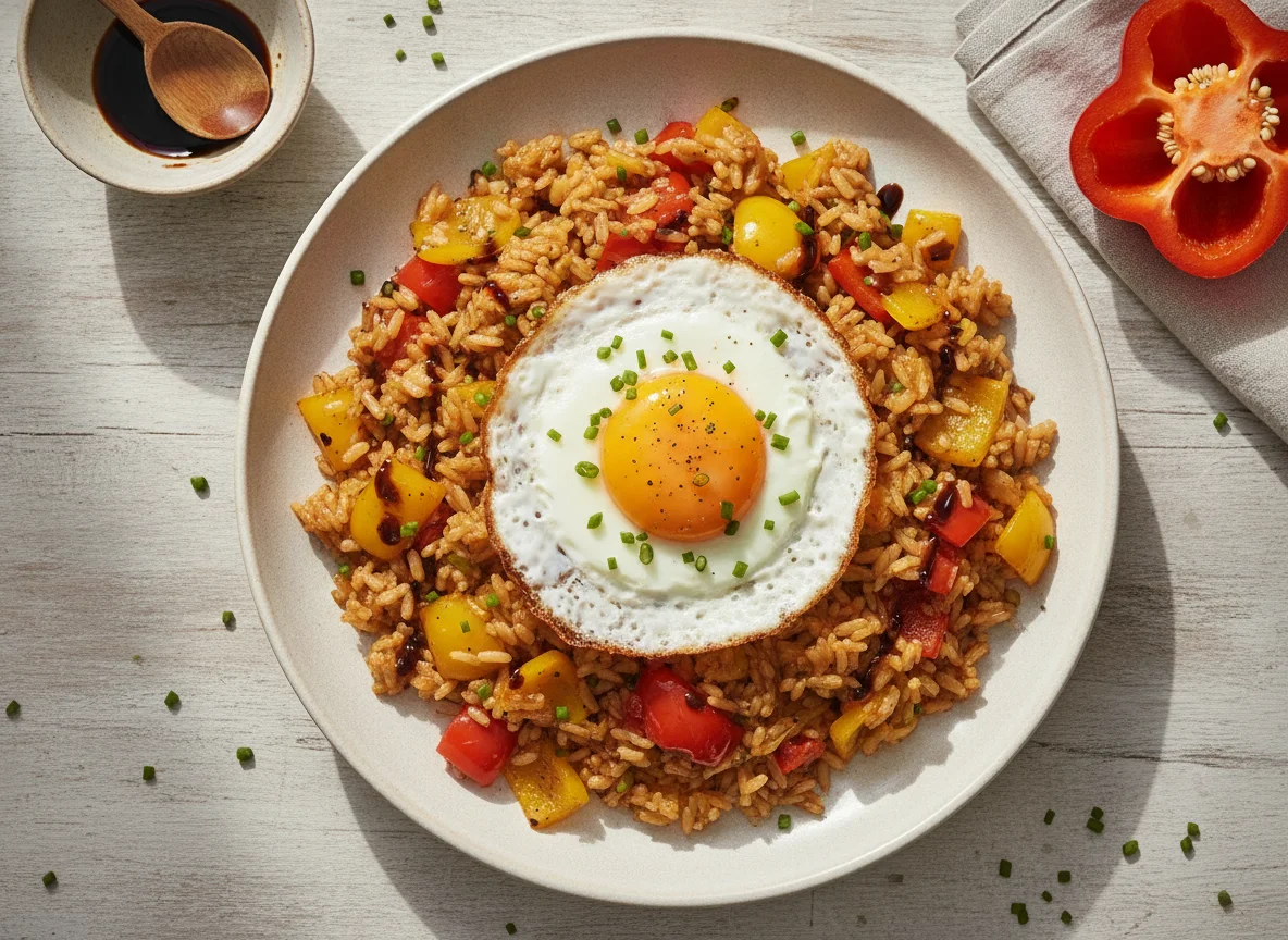 Gebratener Reis mit Paprika und Ei photo