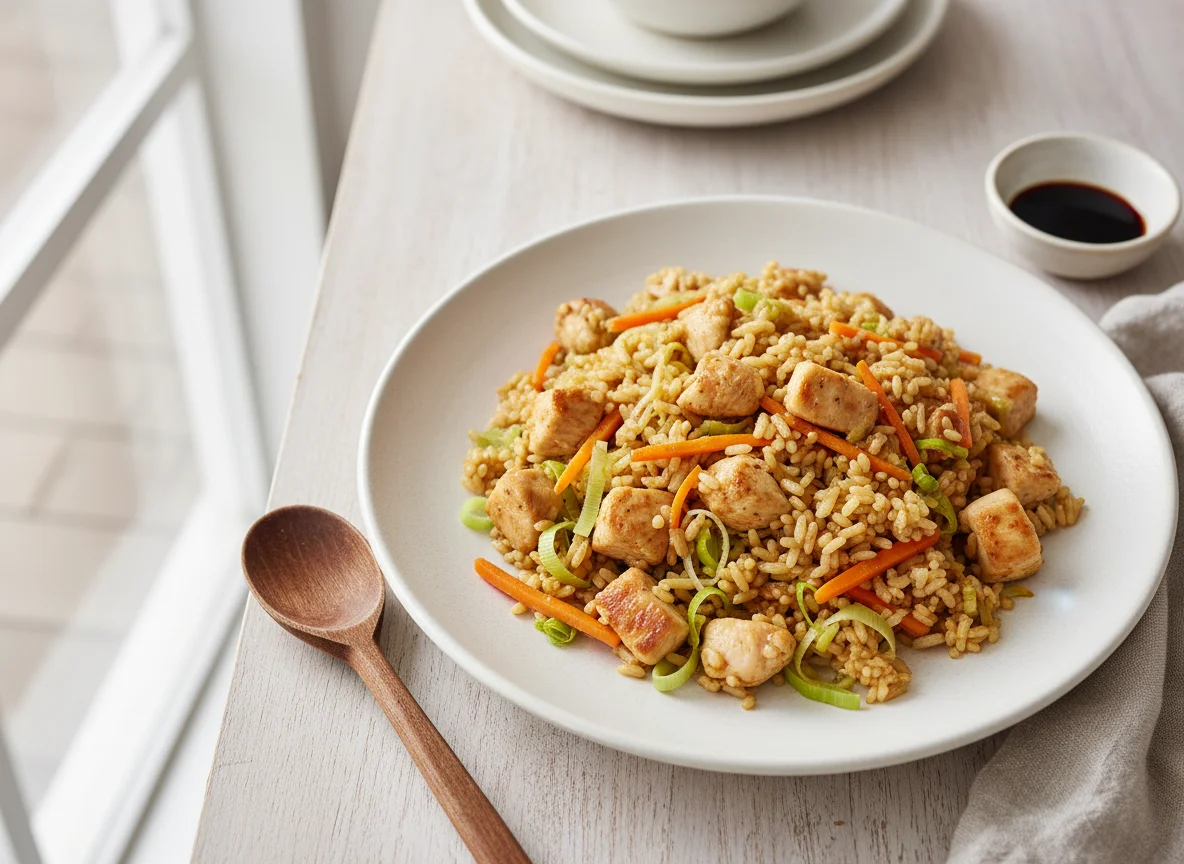 Gebratener Reis mit Poulet und Gemüse photo