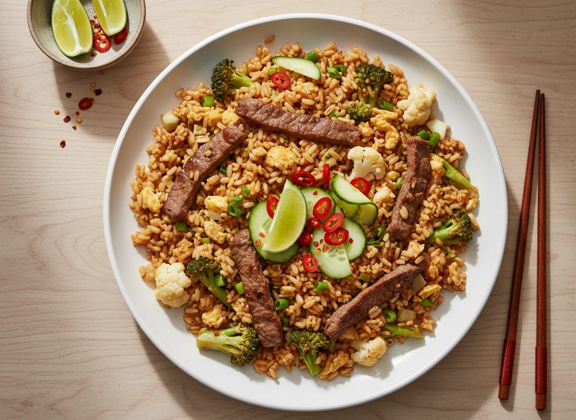 Gebratener Reis mit Rindfleisch und Gemüse photo