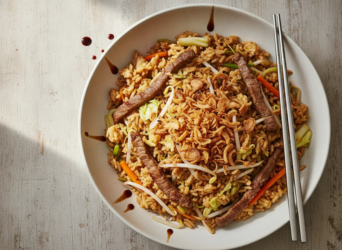Gebratener Reis mit Rindfleisch und Röstzwiebeln photo