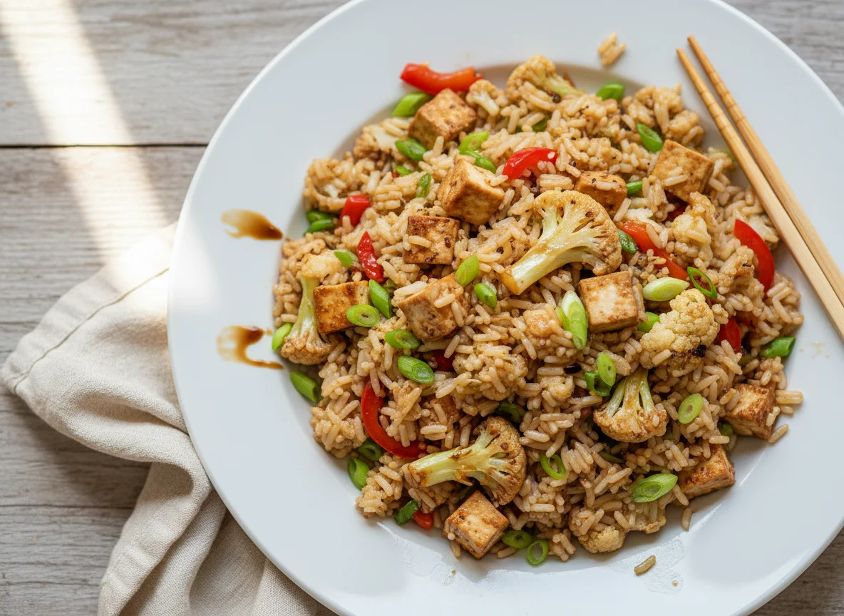 Gebratener Reis mit Tofu und Blumenkohl photo