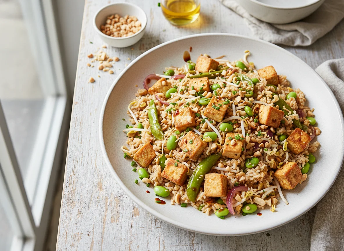 Gebratener Reis mit Tofu und Edamame photo