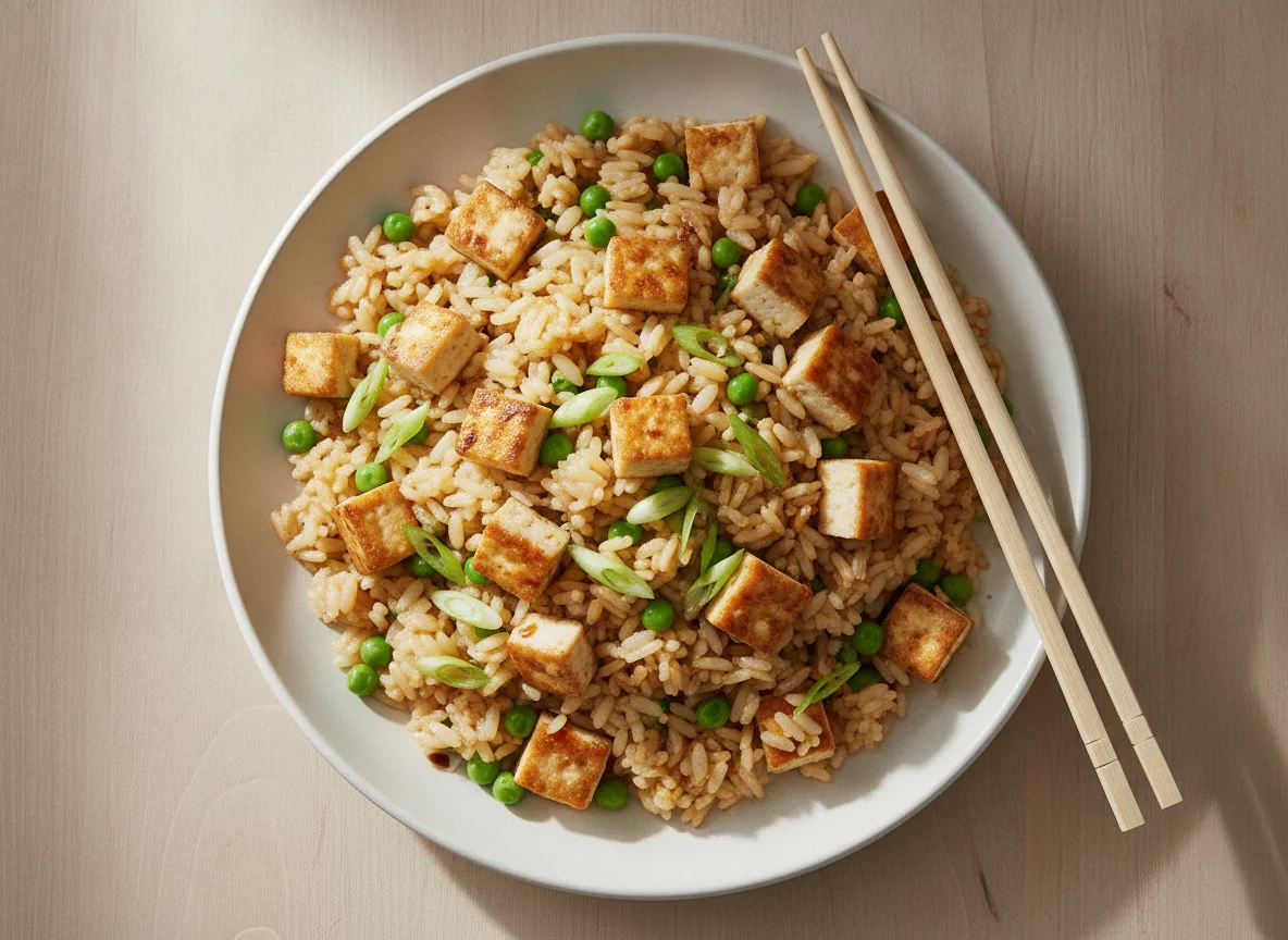 Gebratener Reis mit Tofu und Erbsen photo