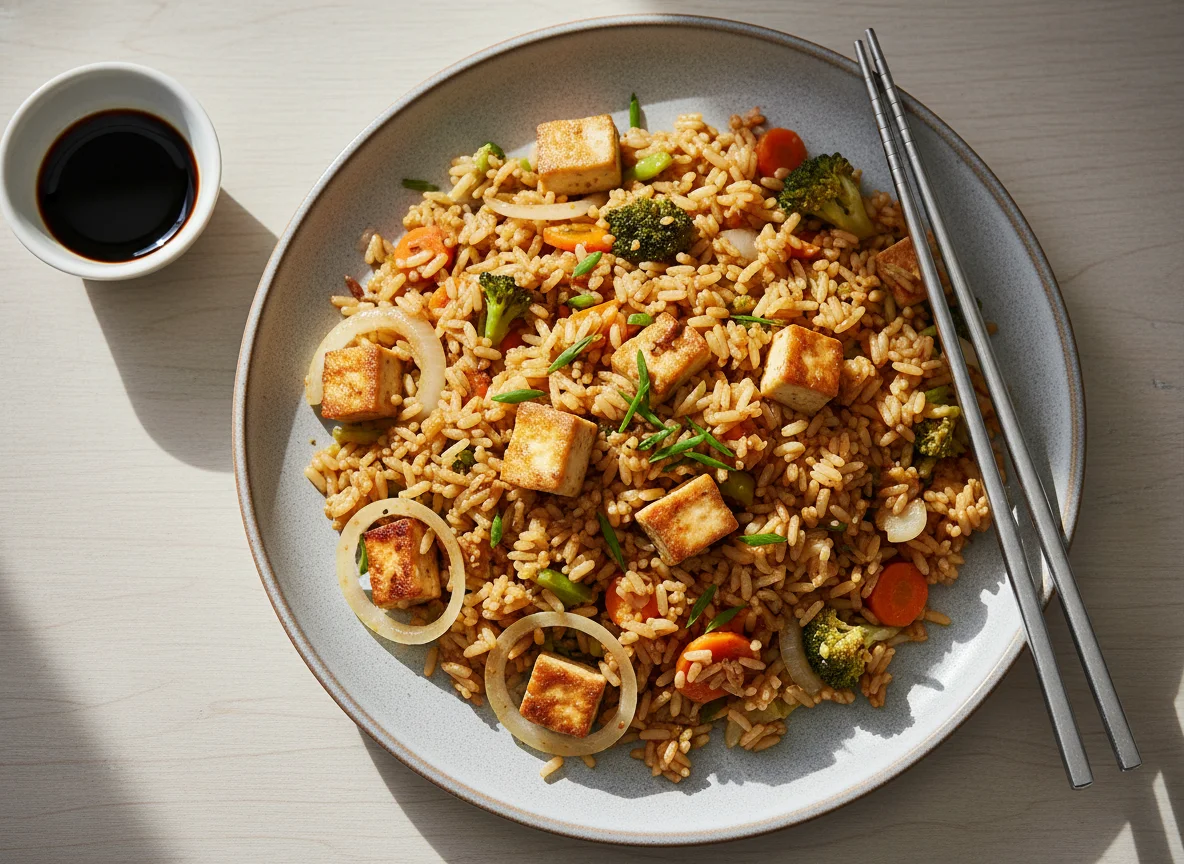 Gebratener Reis mit Tofu und Gemüse photo
