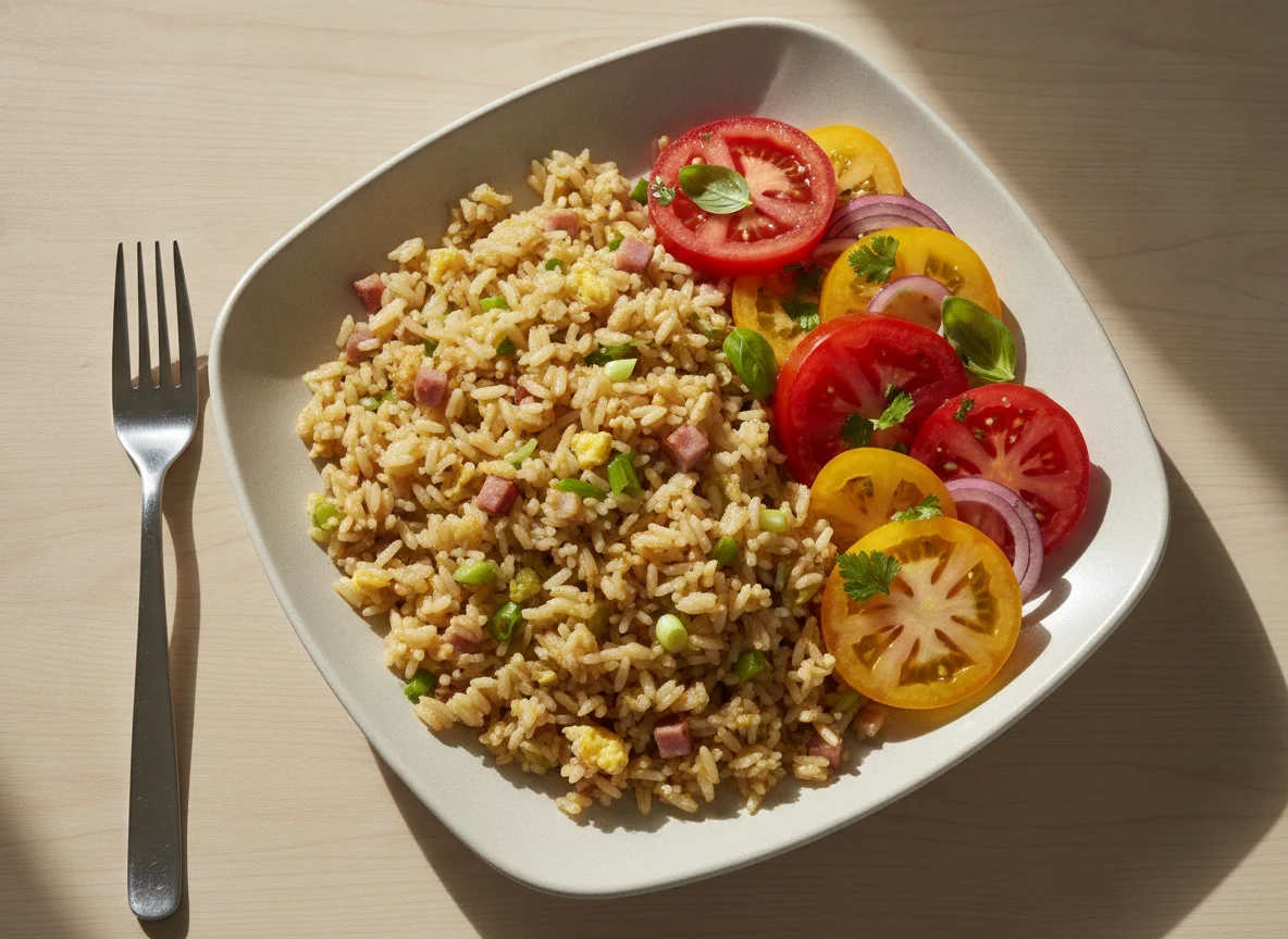 Gebratener Reis mit Tomatensalat photo