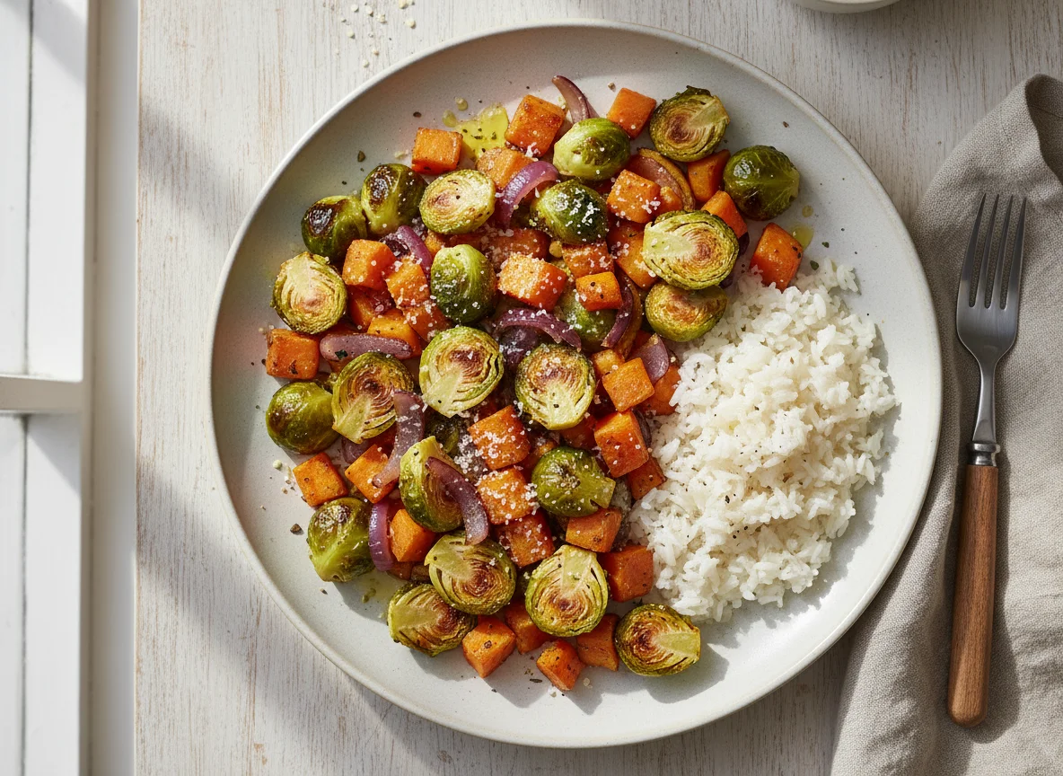 Gebratener Rosenkohl mit Karotten und Süßkartoffeln photo