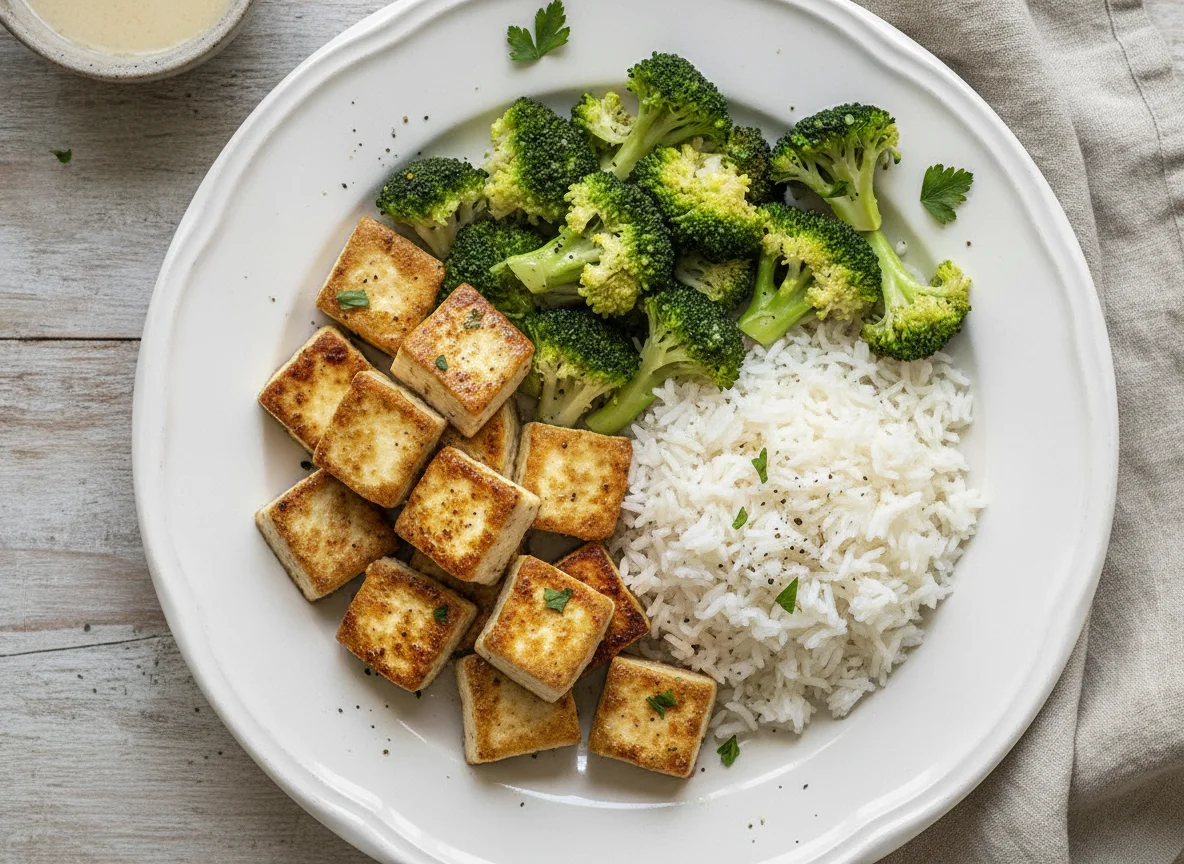 Gebratener Tofu mit Brokkoli und Reis photo
