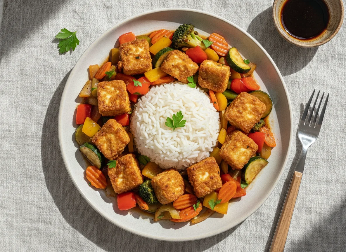 Gebratener Tofu mit Gemüse und Reis photo