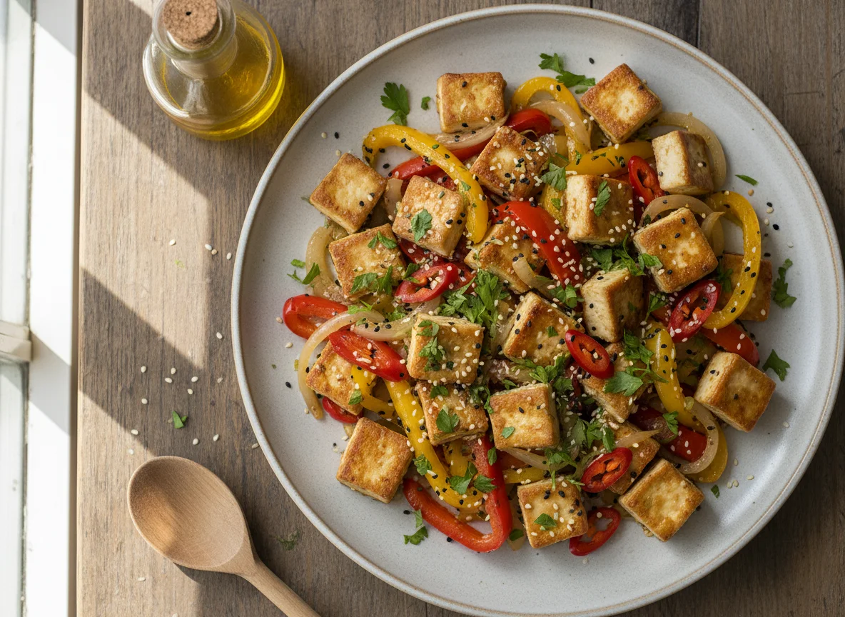 Gebratener Tofu mit Gemüse und Sesam photo