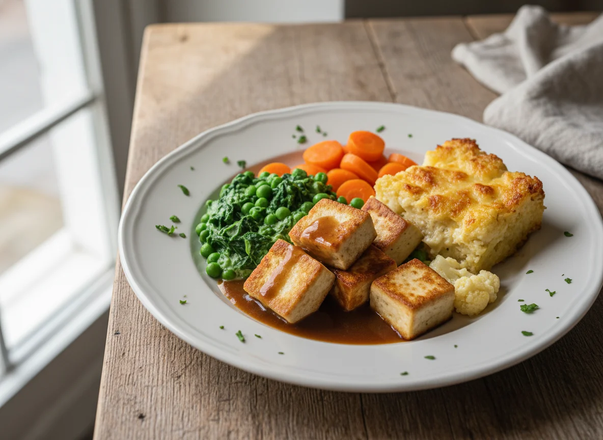 Gebratener Tofu mit Rahmspinat, Erbsen, Karotten und Blumenkohl-Gratin photo