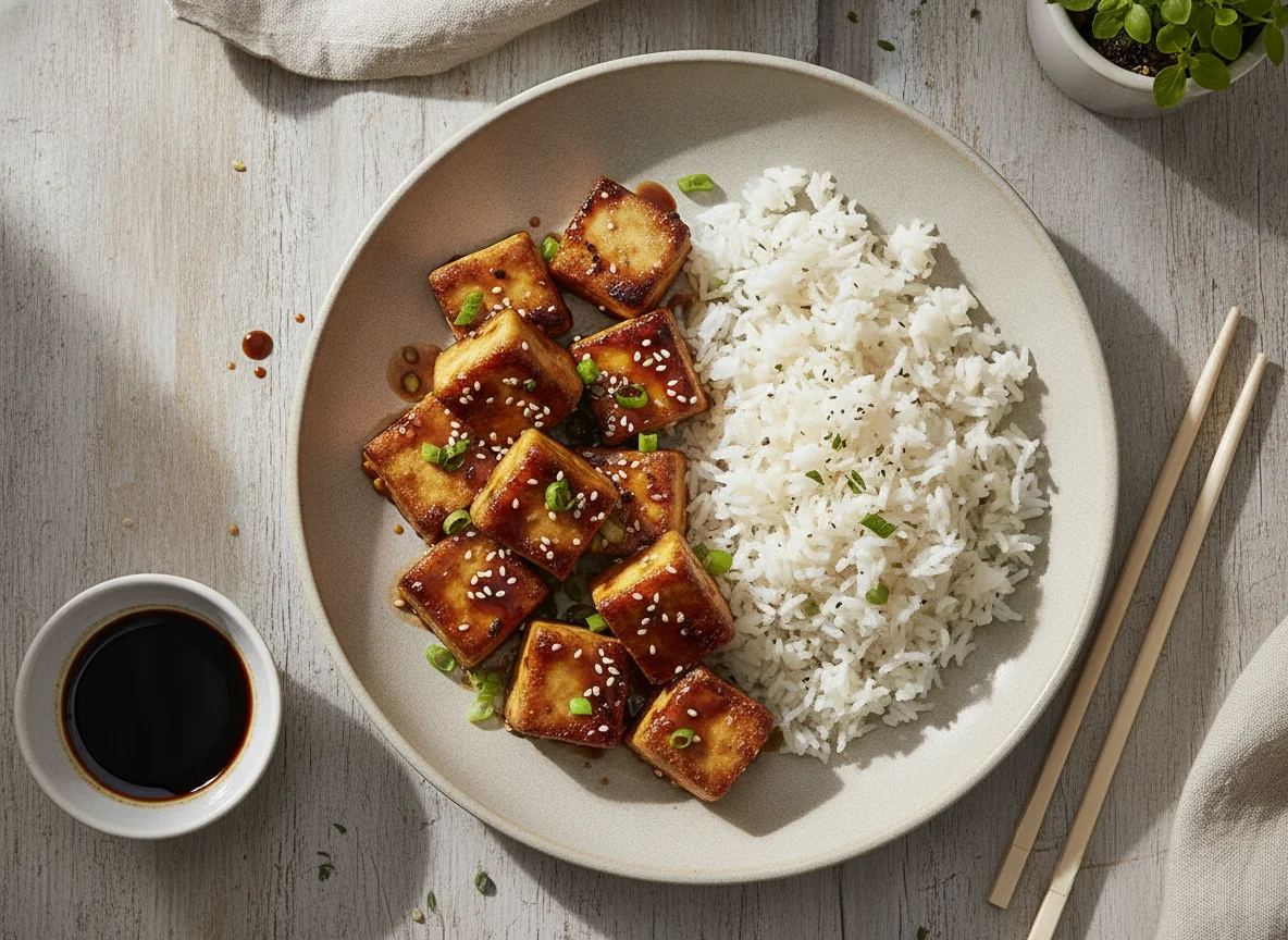 Gebratener Tofu mit Reis photo