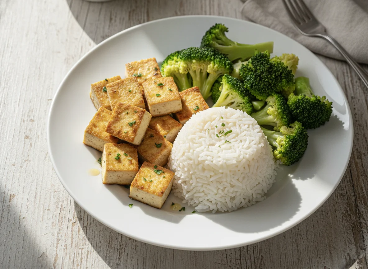 Gebratener Tofu mit Reis und Brokkoli photo