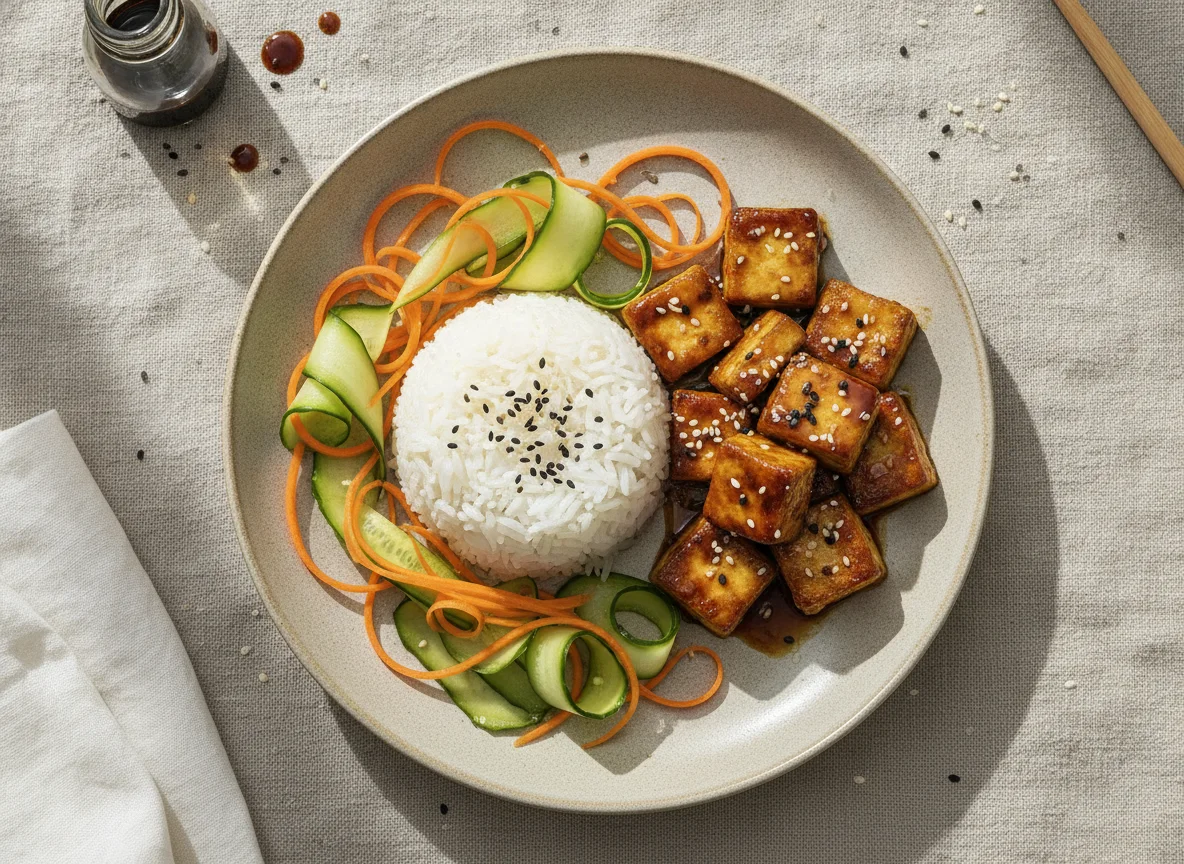 Gebratener Tofu mit Reis und Gemüse photo