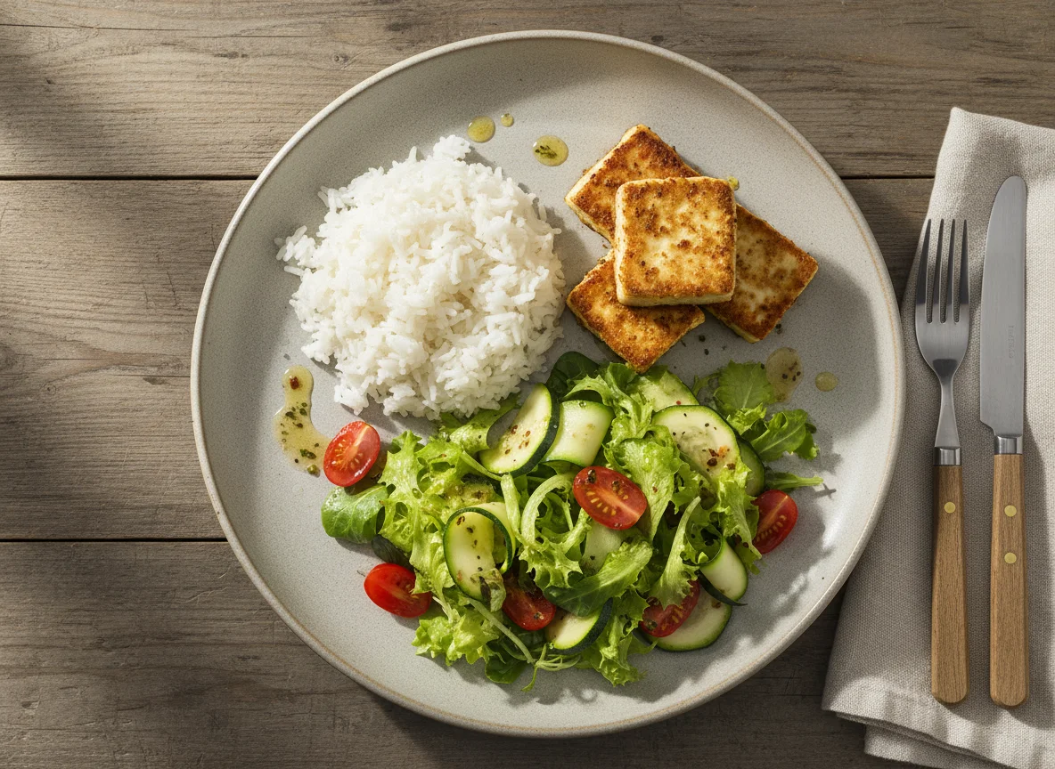 Gebratener Tofu mit Reis und Salat photo