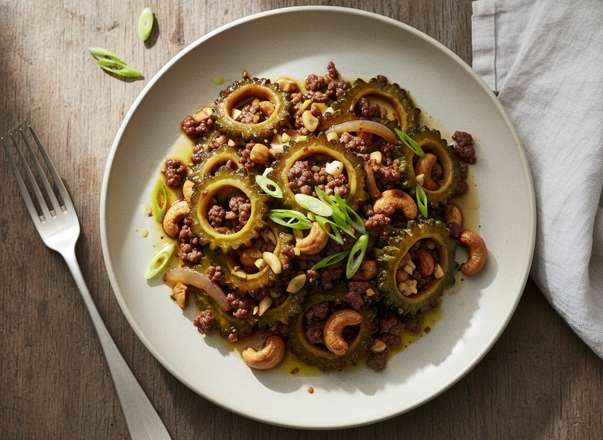 Gebratenes Bittermelonengemüse mit Hackfleisch und Cashews photo