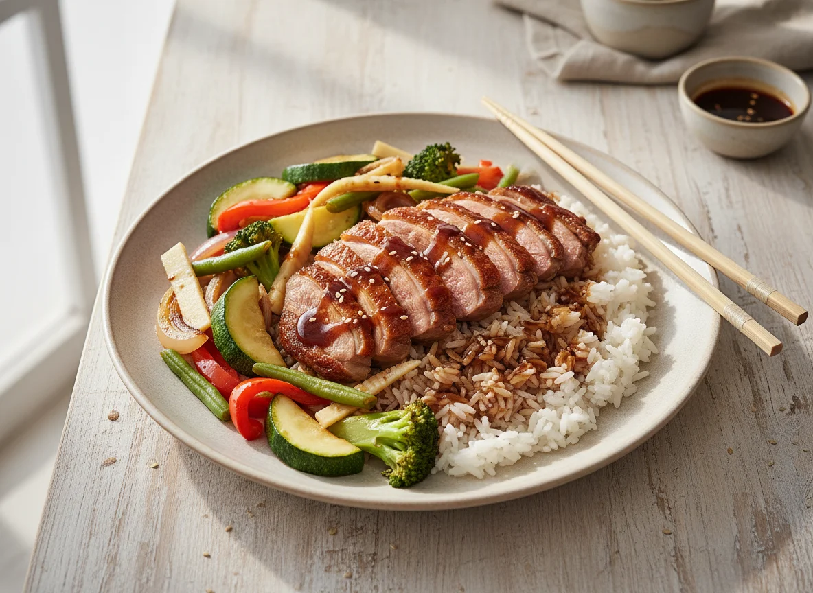 Gebratenes Entenfleisch mit Gemüse und Reis photo