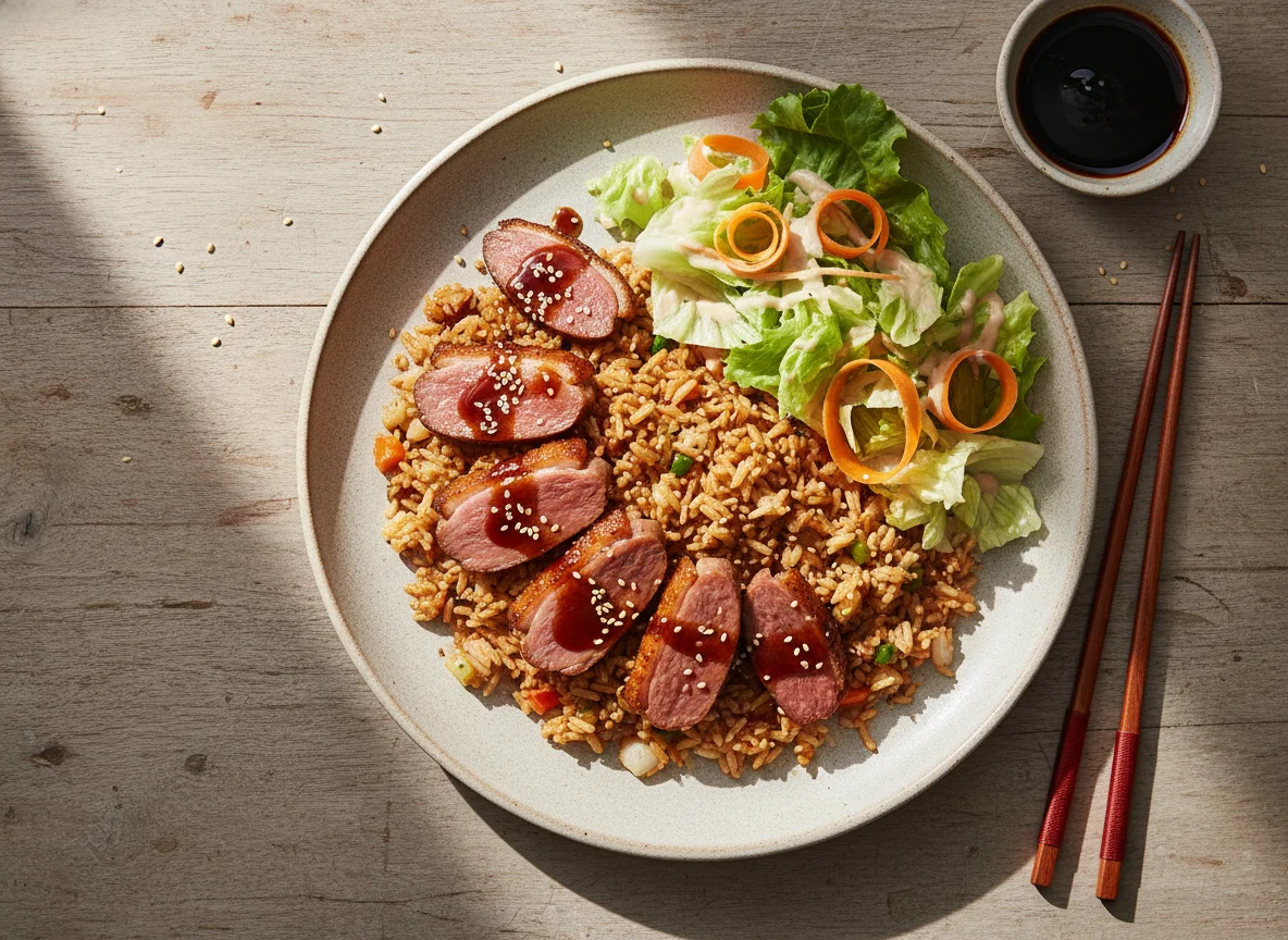Gebratenes Entenfleisch mit Reis und Salat photo