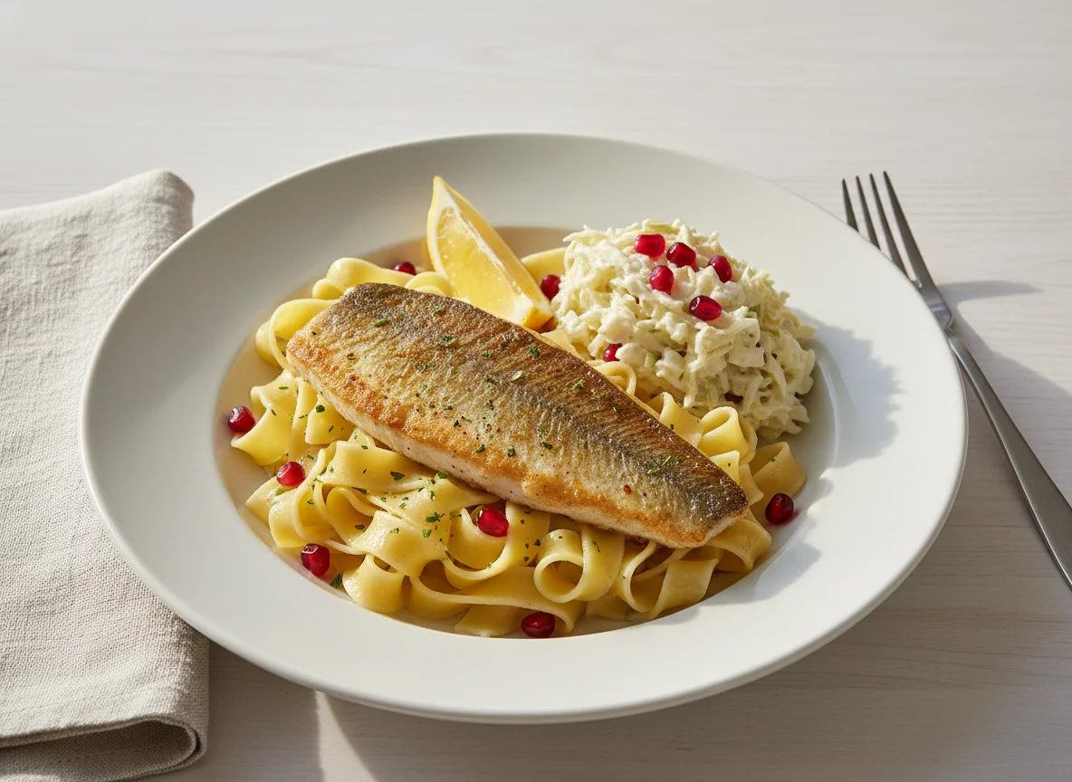 Gebratenes Fischfilet auf Bandnudeln mit Beilagensalat photo