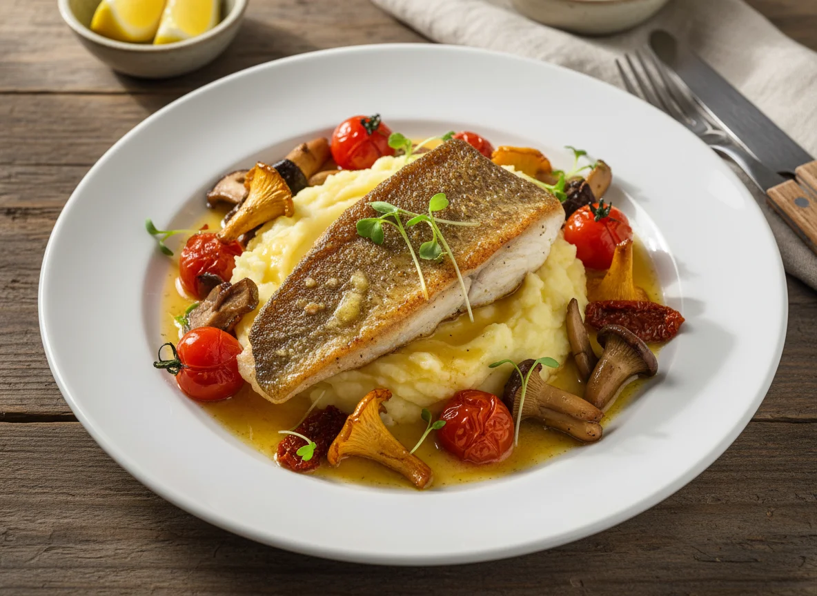 Gebratenes Fischfilet auf Kartoffelpüree mit Tomaten und Pilzen photo