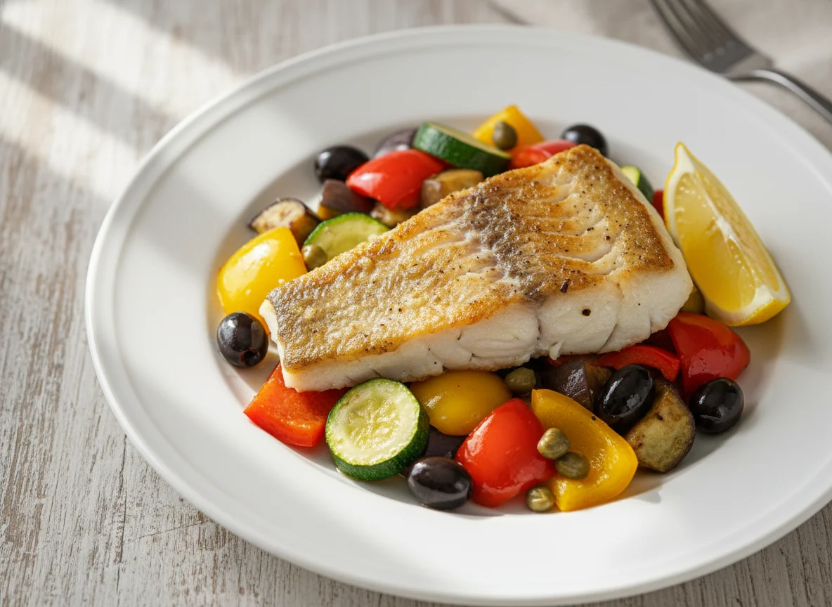 Gebratenes Fischfilet auf mediterranem Gemüse photo