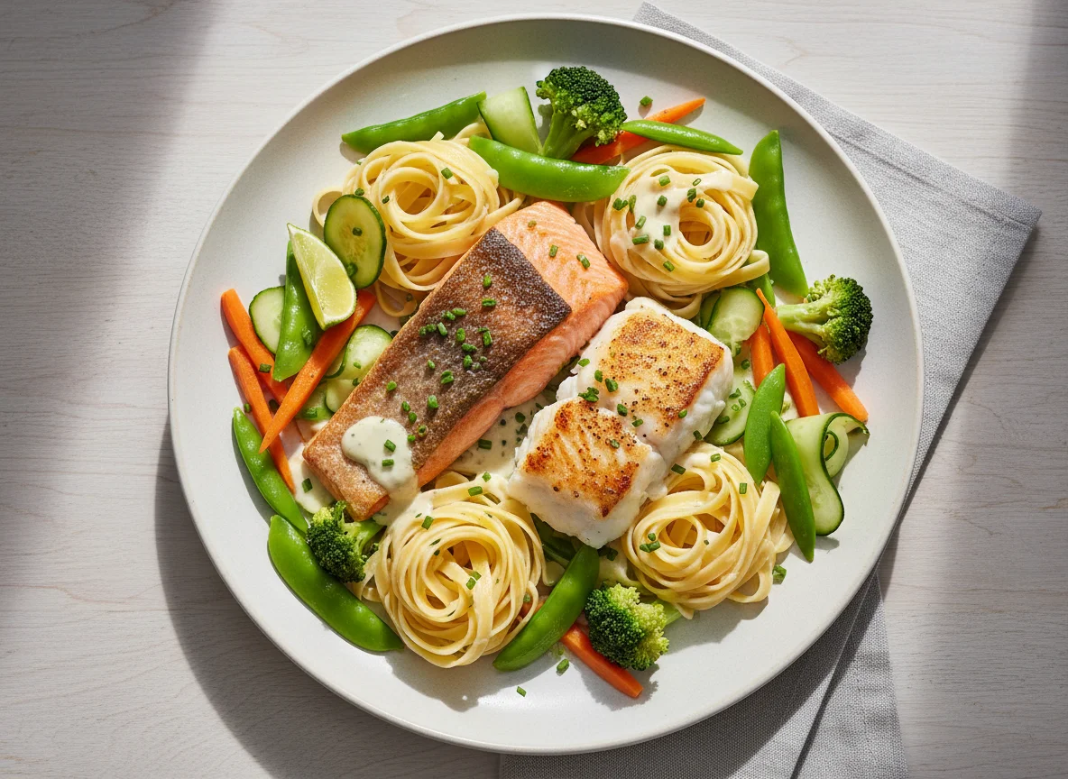 Gebratenes Fischfilet mit Bandnudeln und Gemüse photo