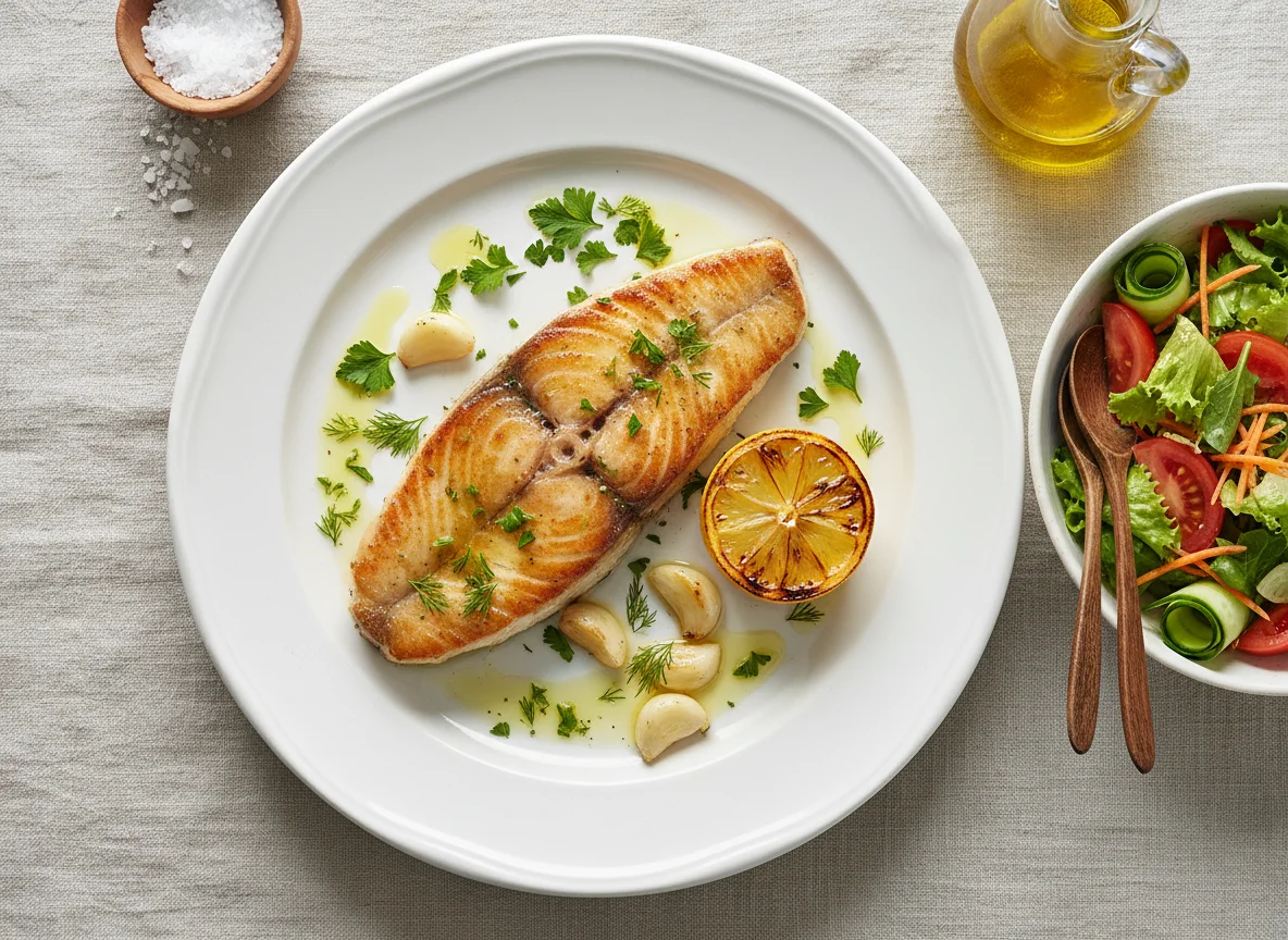 Gebratenes Fischfilet mit Beilagensalat photo
