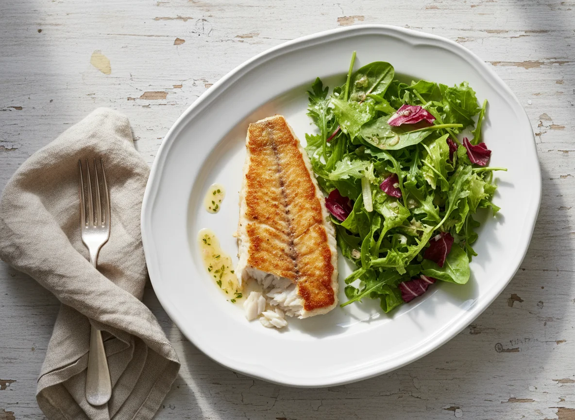 Gebratenes Fischfilet mit Blattsalat photo