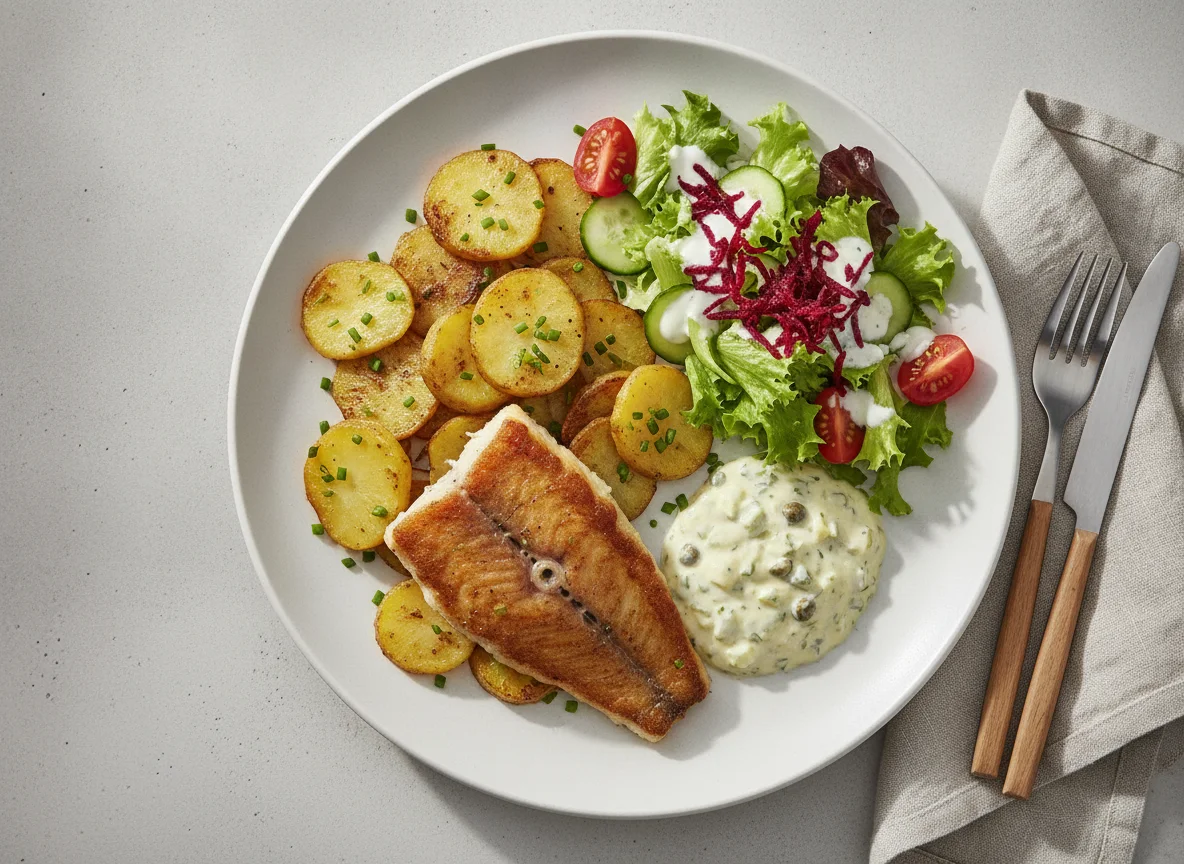 Gebratenes Fischfilet mit Bratkartoffeln, Remoulade und Beilagensalat photo