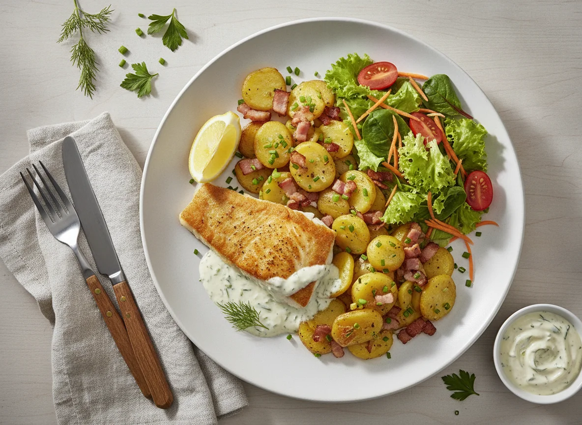 Gebratenes Fischfilet mit Bratkartoffeln und Beilagensalat photo