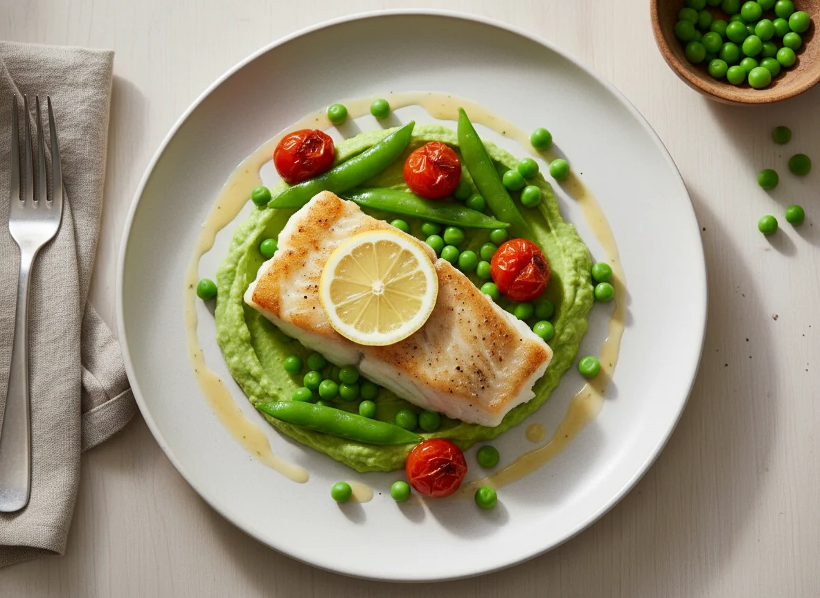 Gebratenes Fischfilet mit Erbsenpüree und Gemüse photo