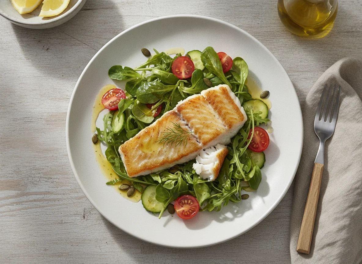 Gebratenes Fischfilet mit gemischtem Blattsalat photo