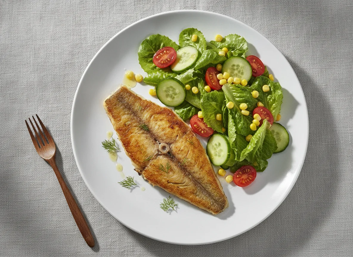 Gebratenes Fischfilet mit gemischtem Salat photo