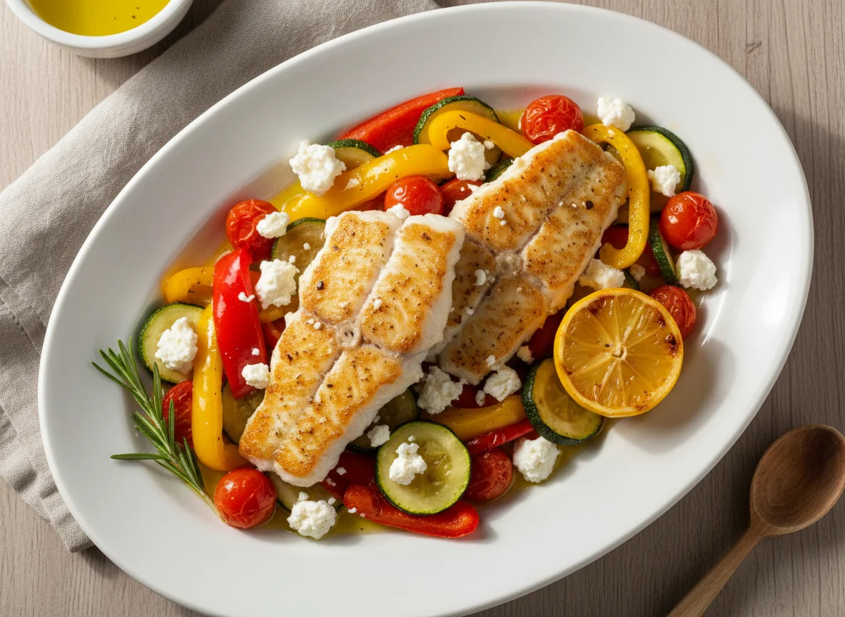 Gebratenes Fischfilet mit Gemüse und Feta photo