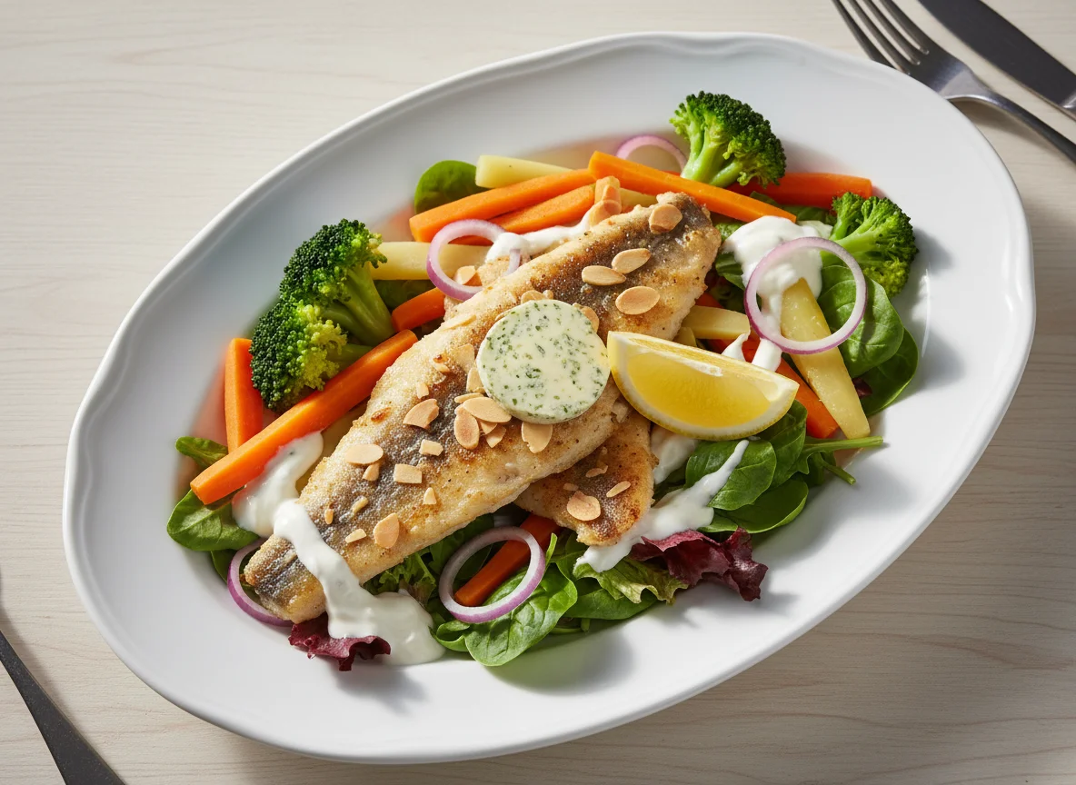 Gebratenes Fischfilet mit Gemüse und Kräuterbutter photo