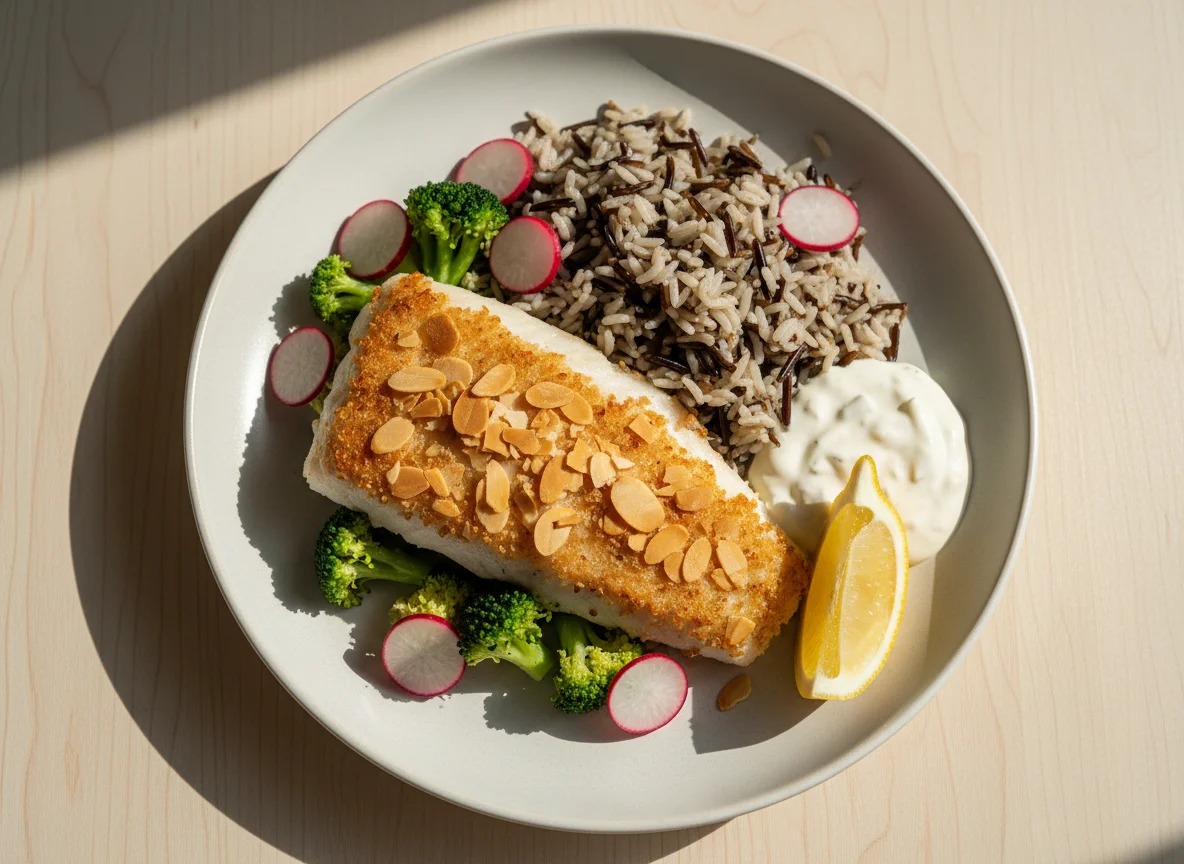 Gebratenes Fischfilet mit Gemüse und Reis photo