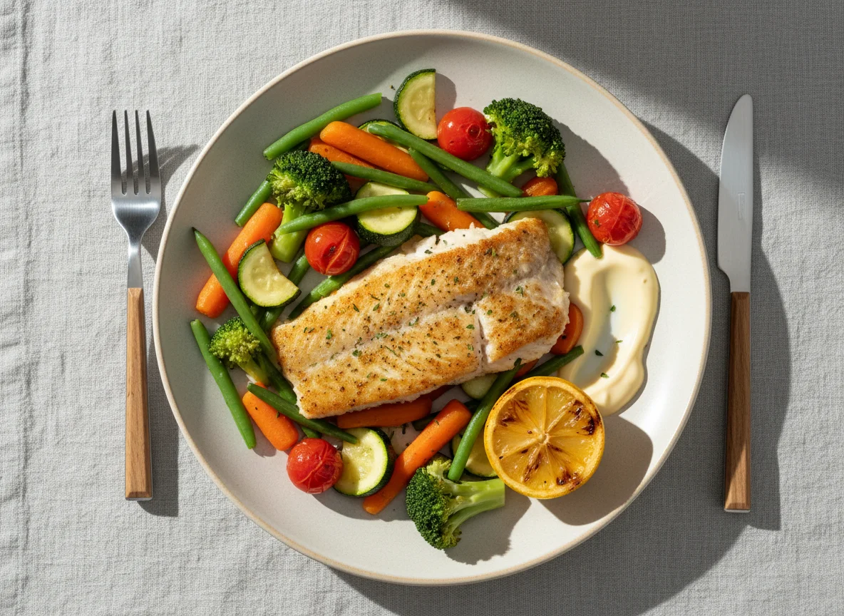 Gebratenes Fischfilet mit Gemüse und Sauce photo