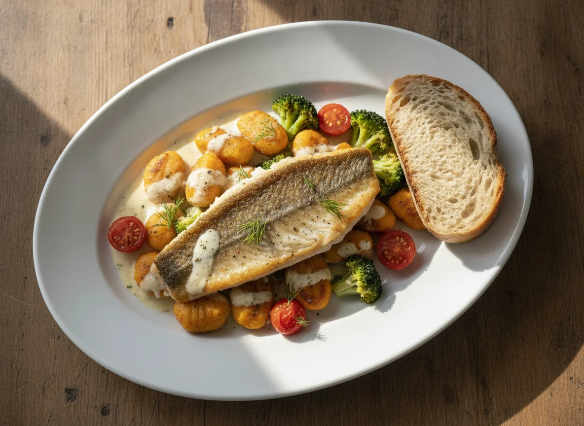 Gebratenes Fischfilet mit Gnocchi, Brokkoli und Kirschtomaten photo