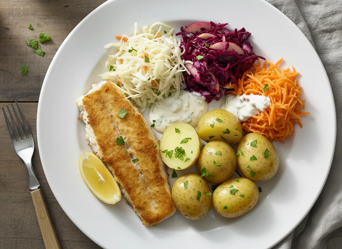Gebratenes Fischfilet mit Kartoffeln und Salat photo