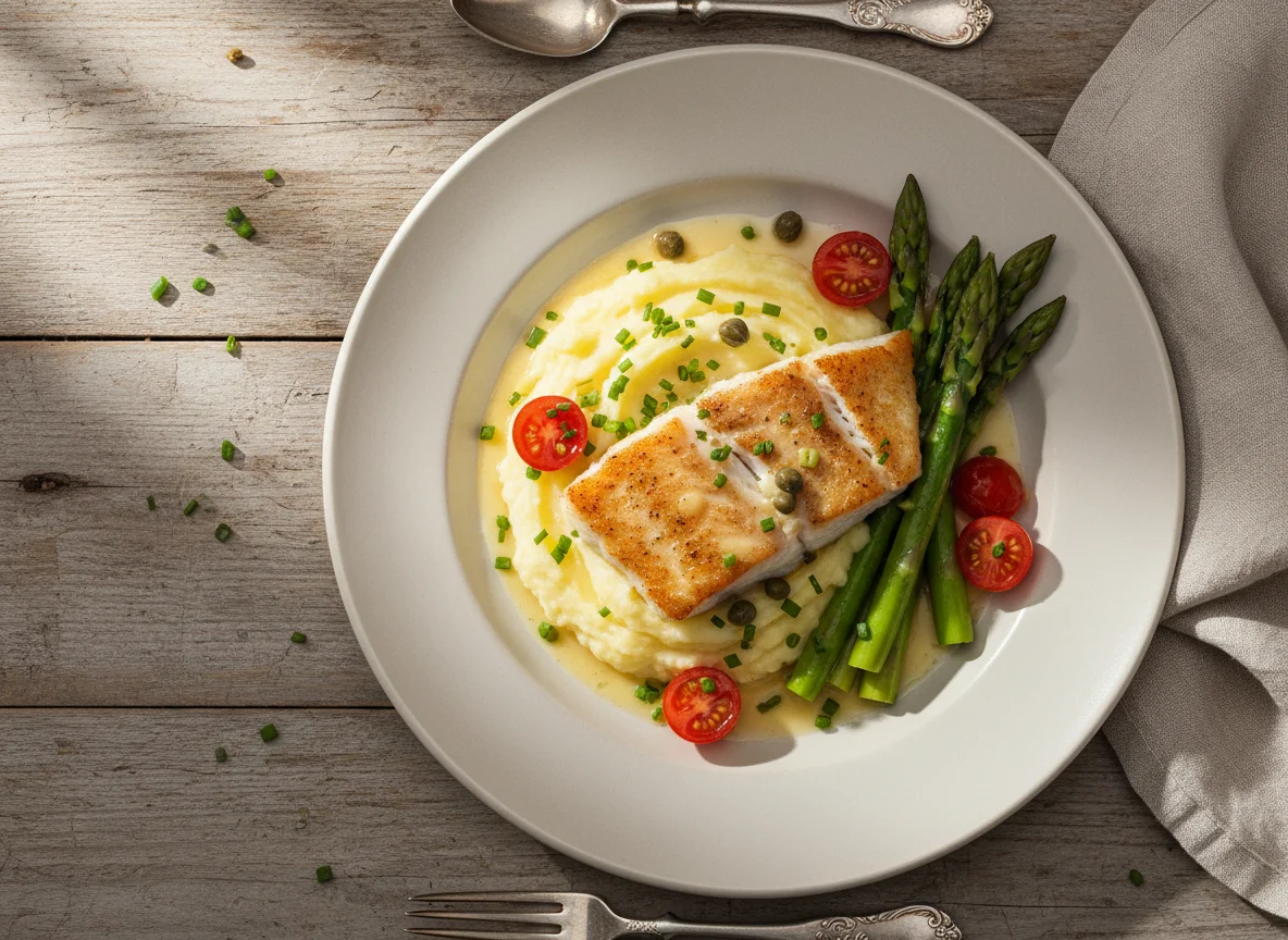 Gebratenes Fischfilet mit Kartoffelpüree und Spargel photo
