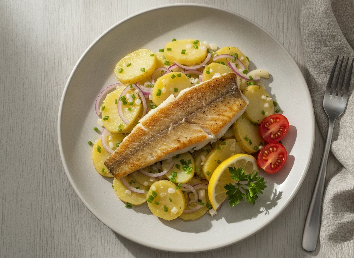 Gebratenes Fischfilet mit Kartoffelsalat photo